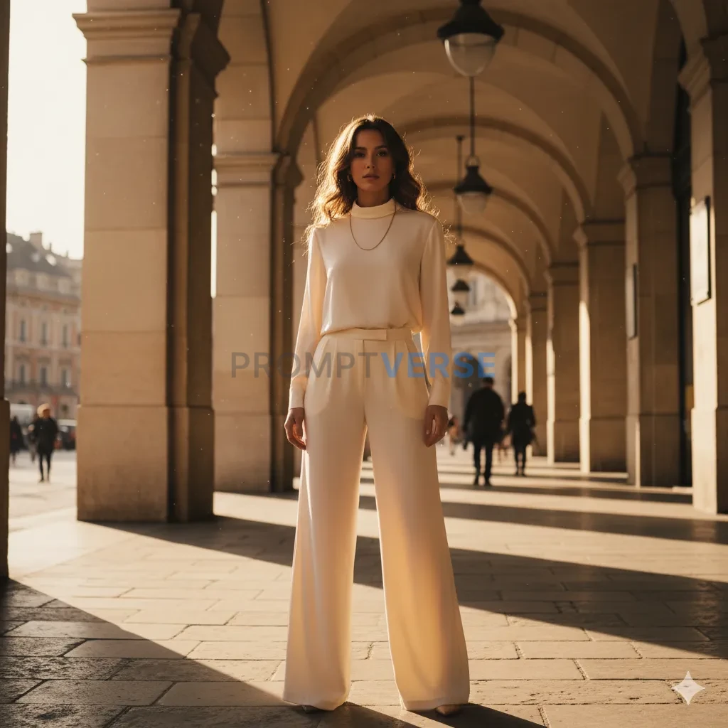 Model in cream outfit standing under architectural arches, golden ligh