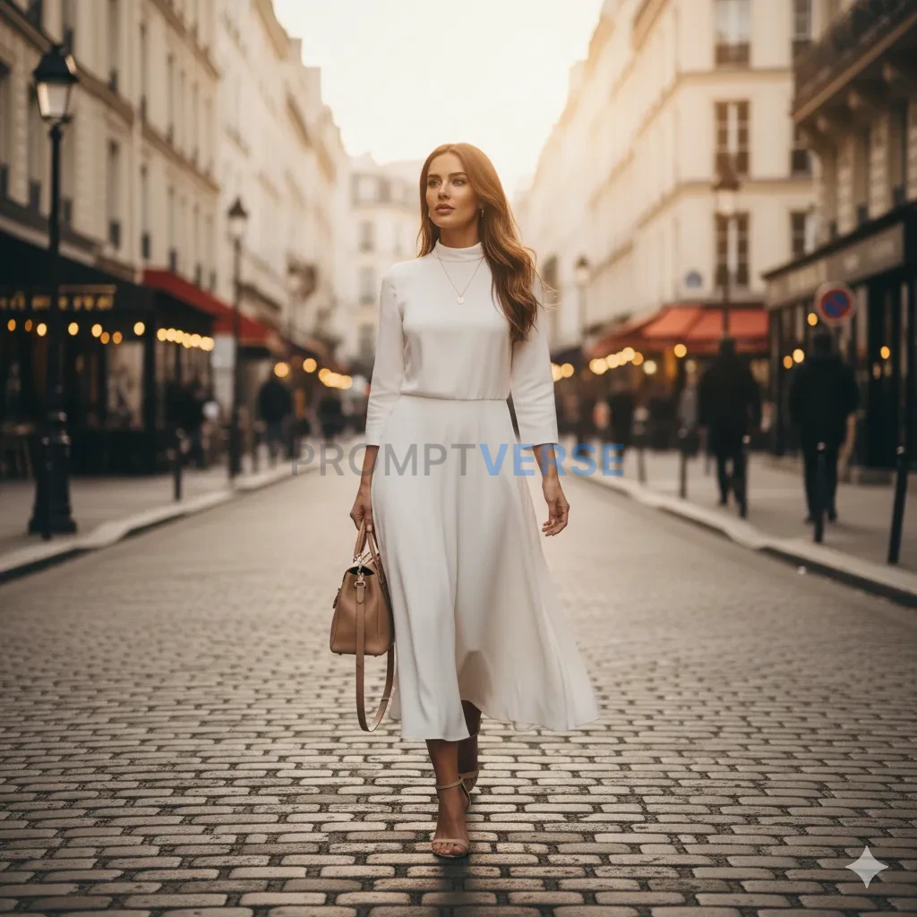 Fashion blogger walking confidently in a white dress with a handbag, P