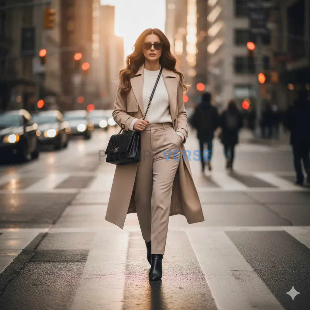 Street-style woman in neutral tones walking through traffic lights, bl