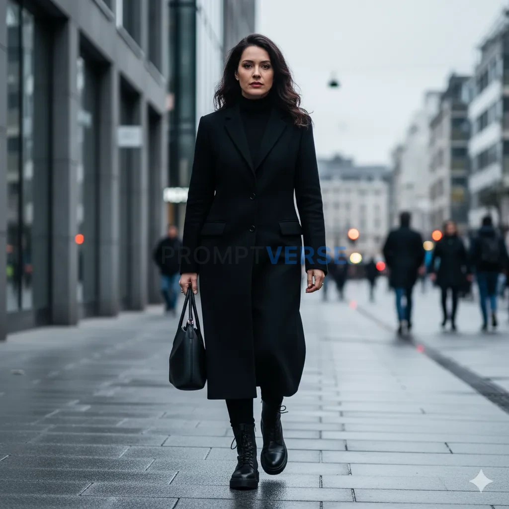Confident urban woman with black coat and boots, overcast lighting, mo