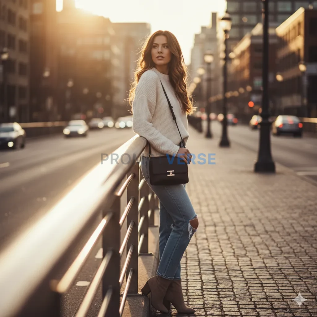 Model leaning on a metal railing, wearing casual chic outfit, cinemati