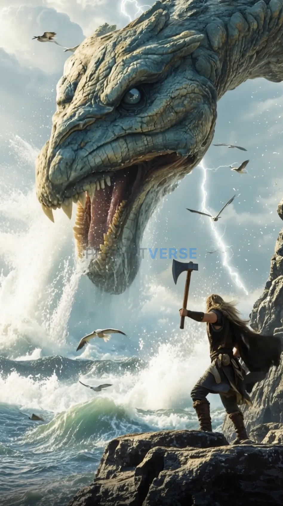 Photorealistic ocean battle with Viking on rocky cliff facing colossal