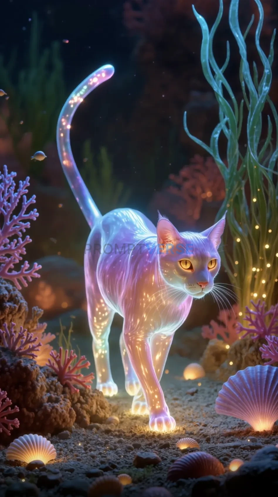 A translucent cat with jellyfish-like reflections drifts gracefully th
