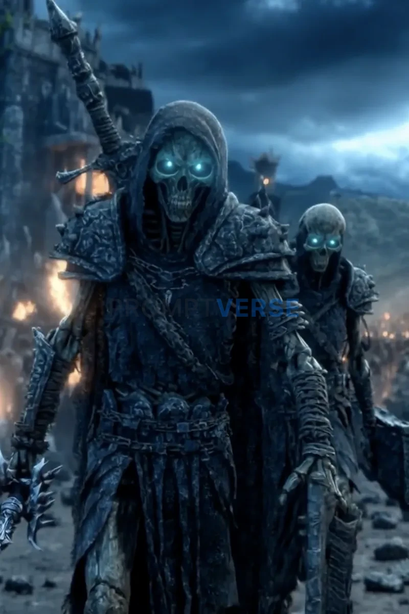 Army of sceletobs walking forward, camera trackibg backward and then s