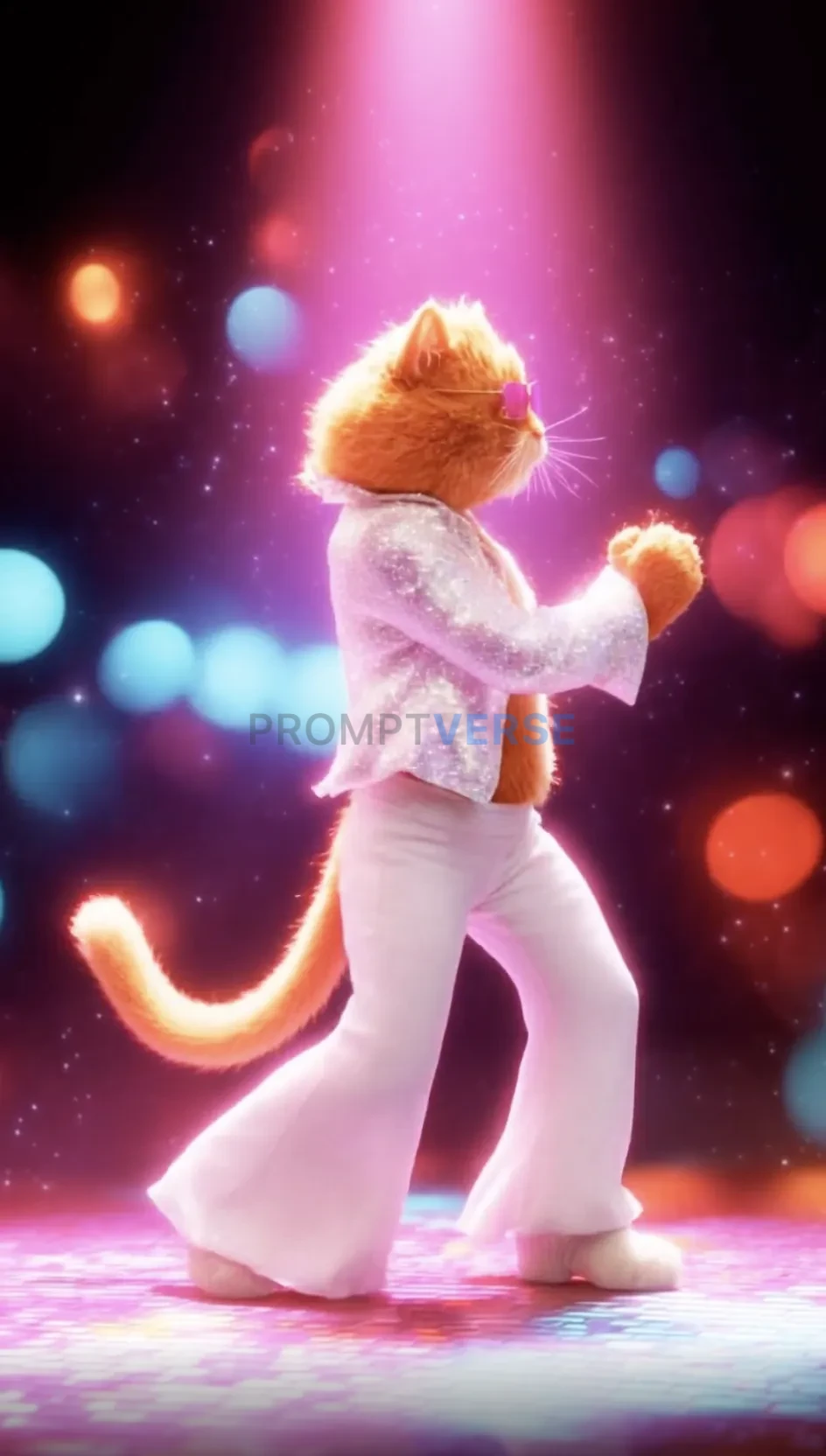 A groovy orange cat in a shiny disco outfit with flared pants and sung