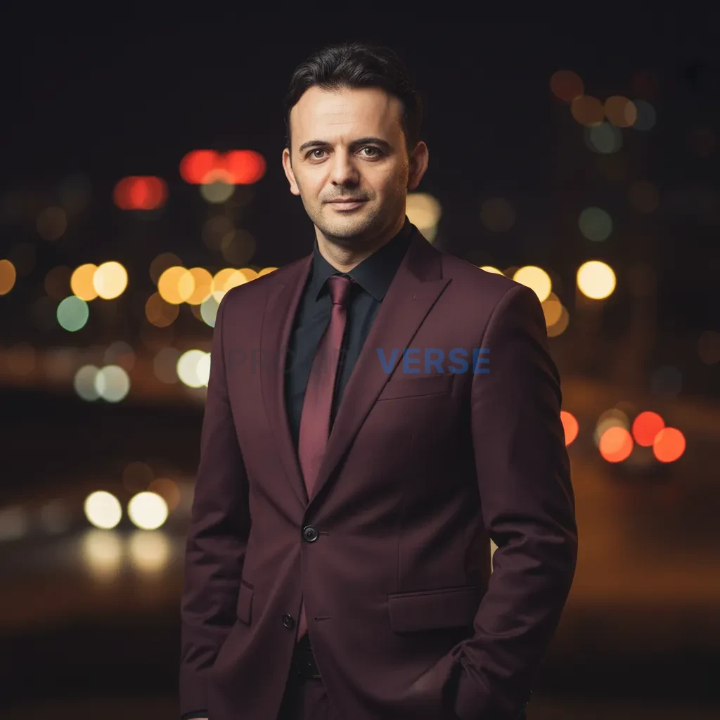 Stylish man wearing a maroon suit and black shirt, posing confidently,