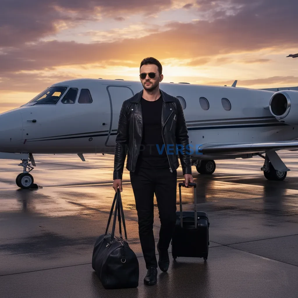 A fashionable young man walking near a private jet with luggage, weari