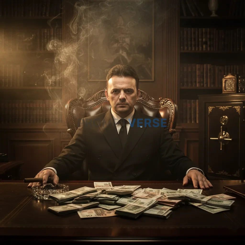 Cinematic mafia boss portrait, man in tailored black suit surrounded b