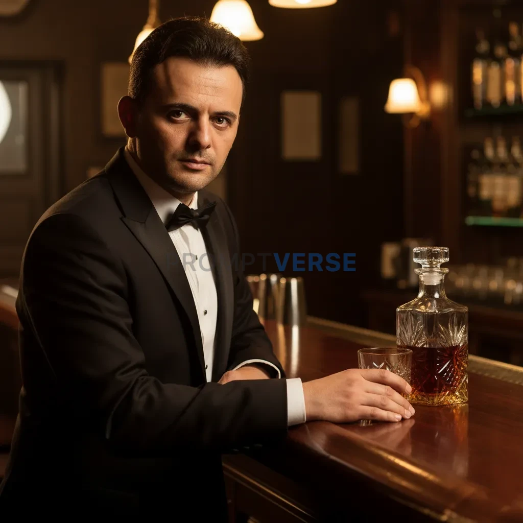 Ultra-detailed portrait, man in a dark tuxedo leaning on polished wood