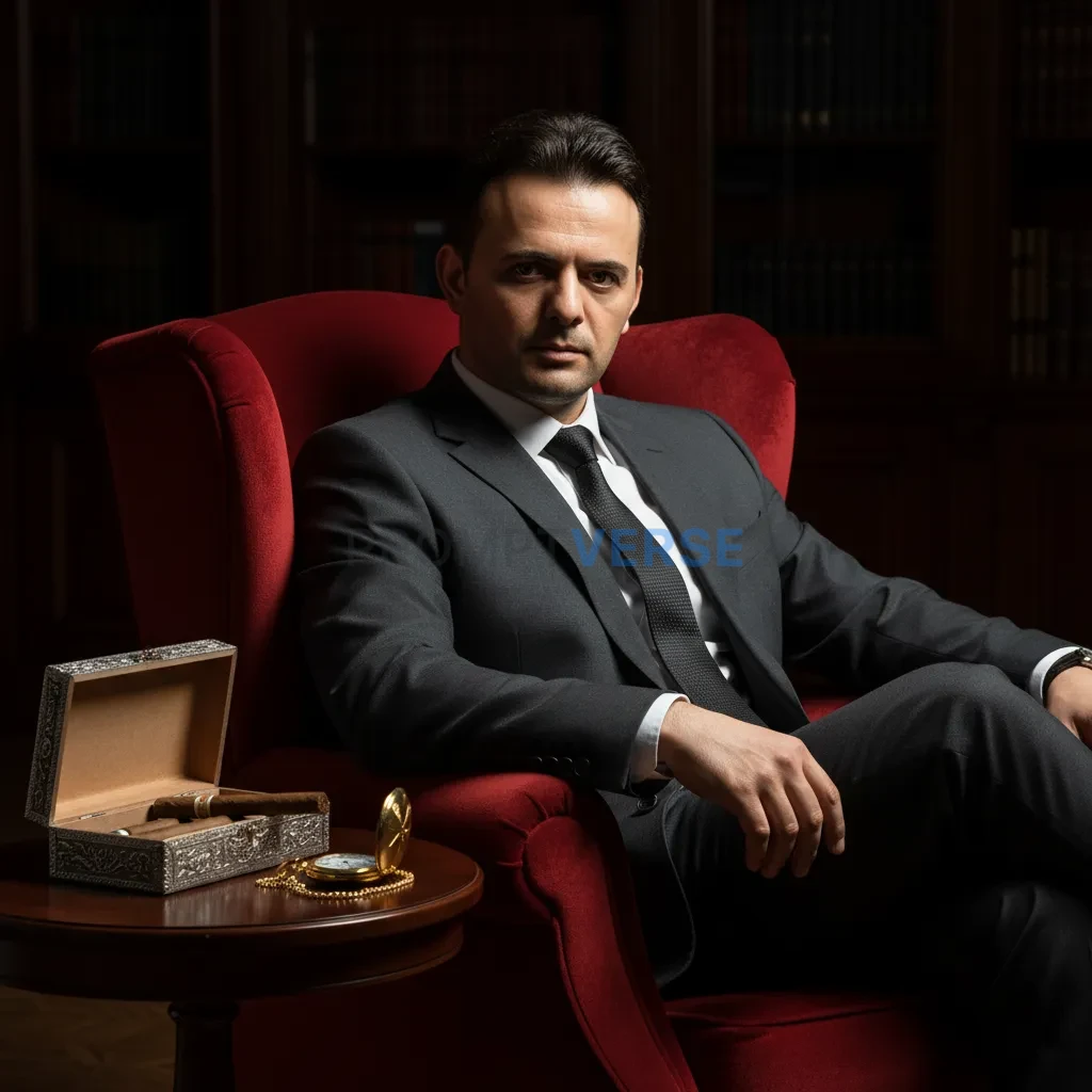 Editorial portrait, mafia-style man with a cigar case and pocket watch