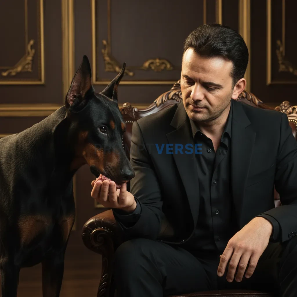 Cinematic close-up, man in an elegant black suit feeding a Doberman fr
