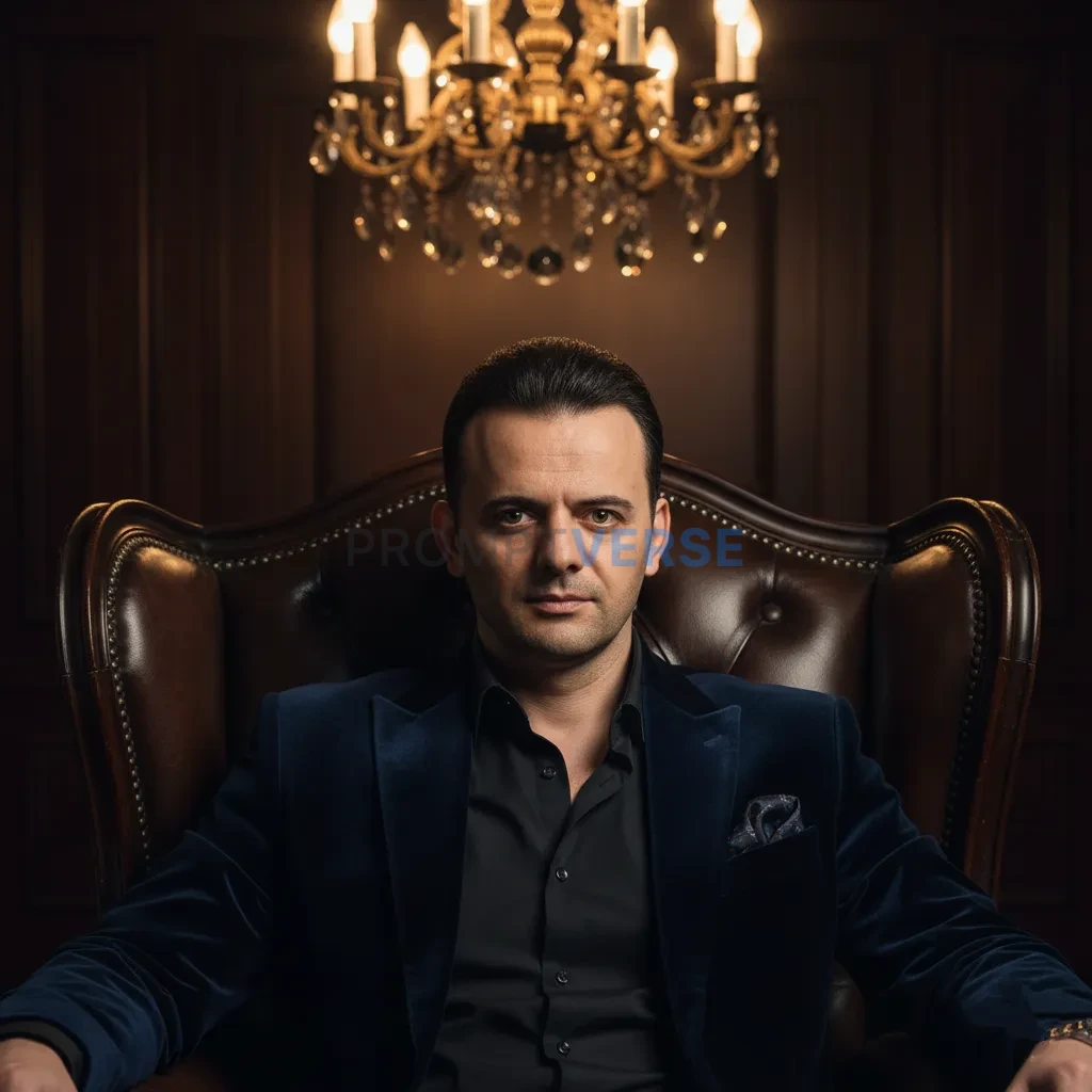 Ultra-detailed portrait, mafia boss in a velvet blazer with slicked-ba