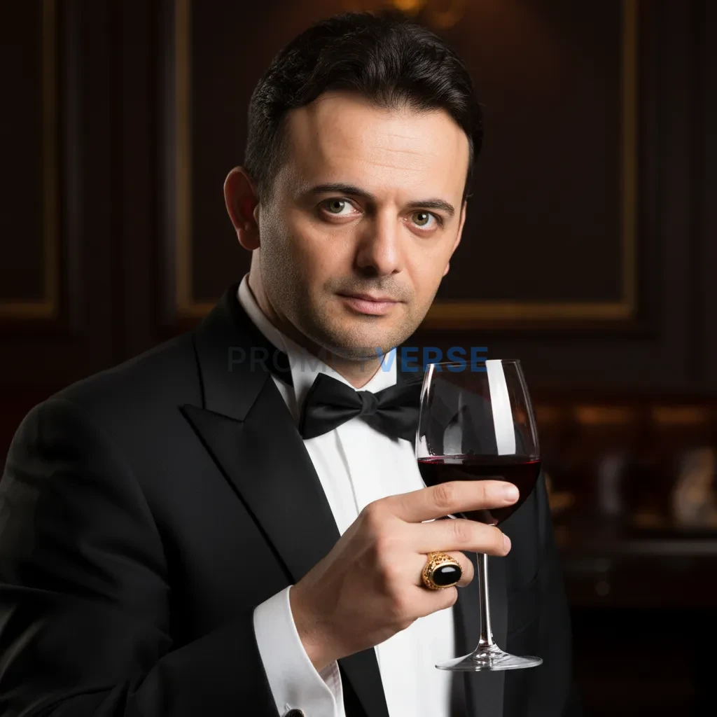 Close-up editorial headshot, mafia boss in a tailored tuxedo, glass of
