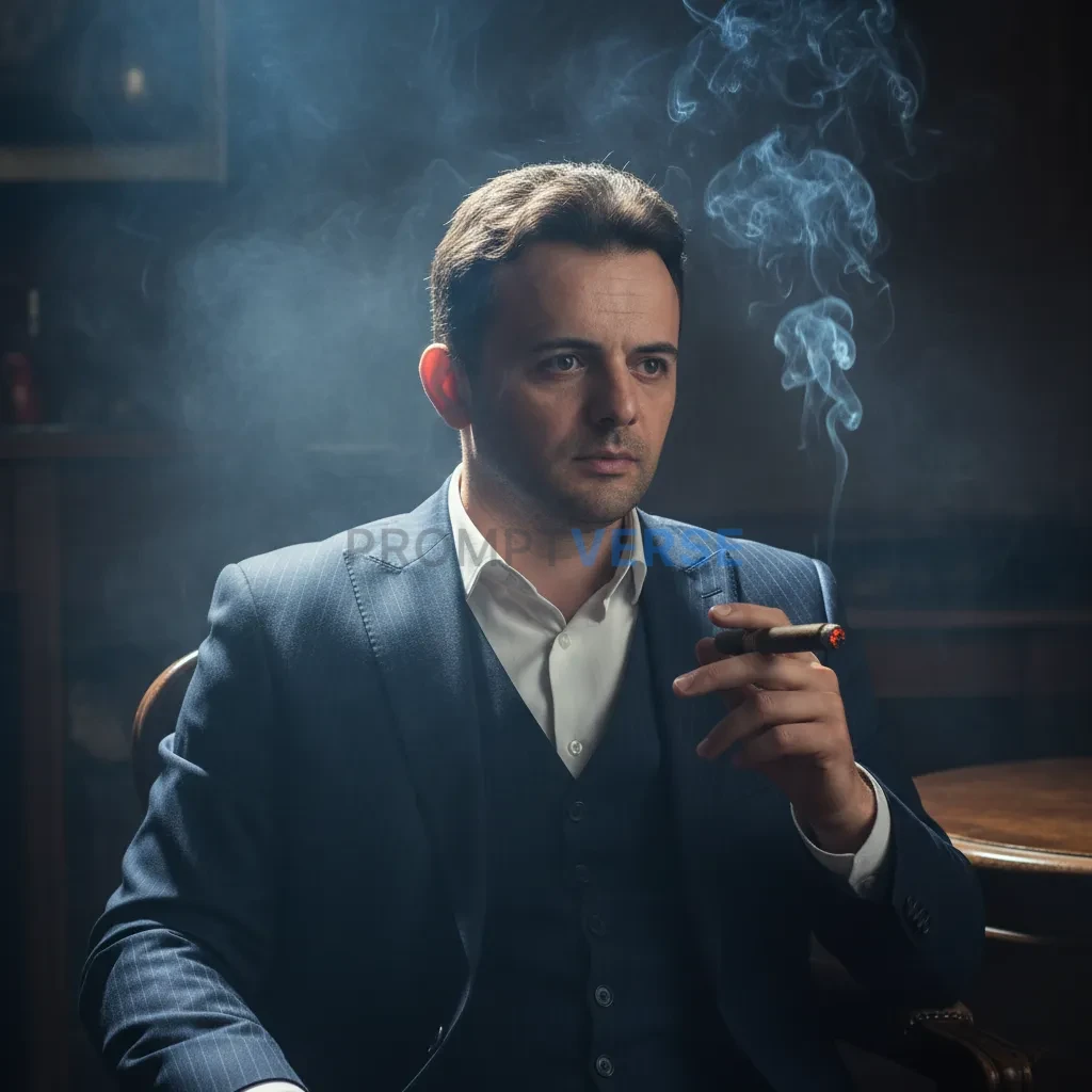 Cinematic portrait, man in a dark pinstripe three-piece suit seated in