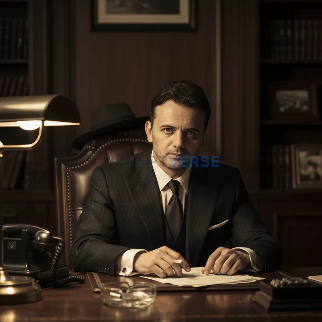 Cinematic portrait of a man in a sharp pinstripe suit, fedora resting 