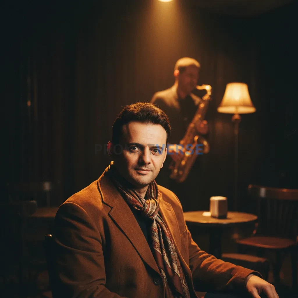 High-quality headshot, man in a suede jacket with scarf, seated in a d