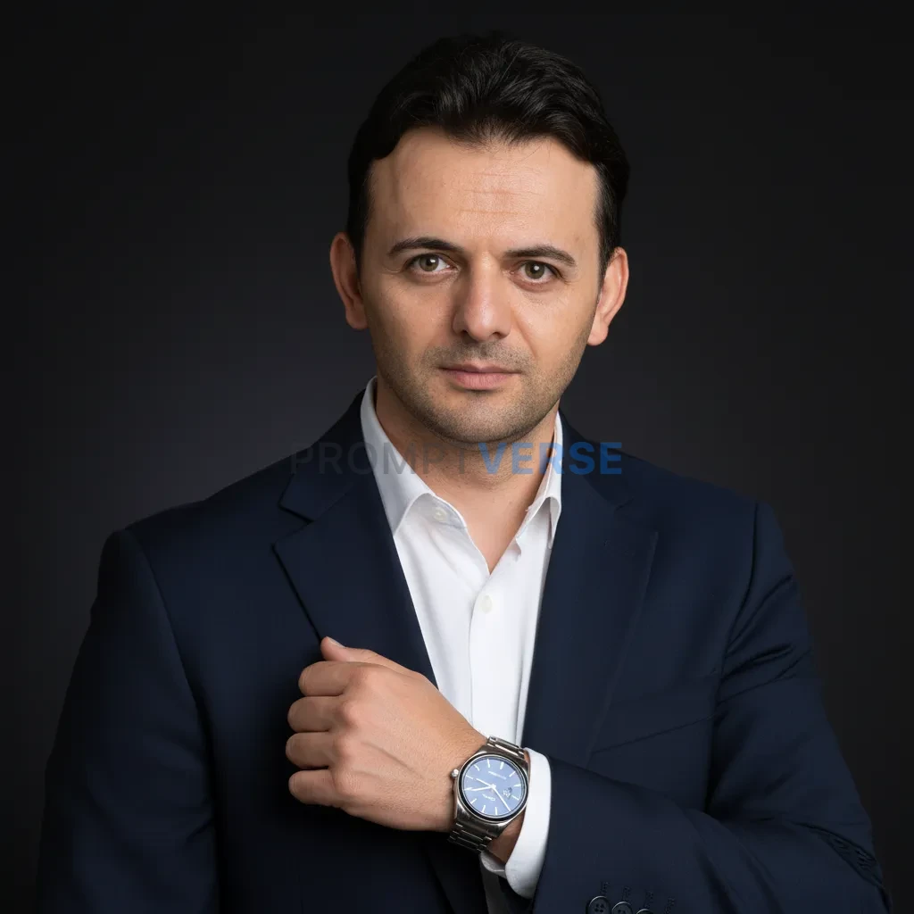 Cinematic portrait, luxury watch and formal outfit, professional brand