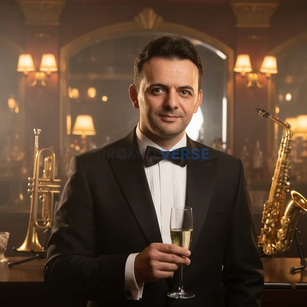Cinematic portrait of man in classic tuxedo with champagne glass, jazz