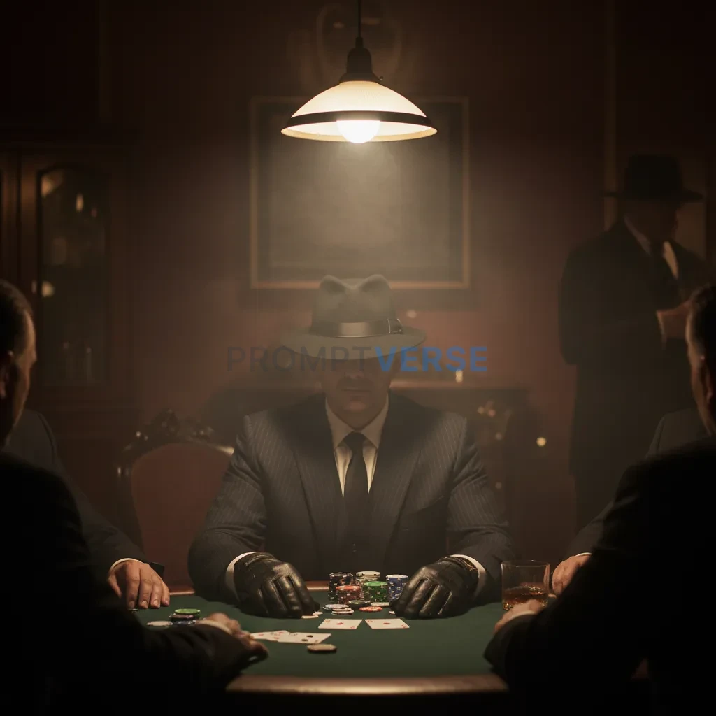 Editorial portrait, mafia boss in fedora seated at a smoky poker table