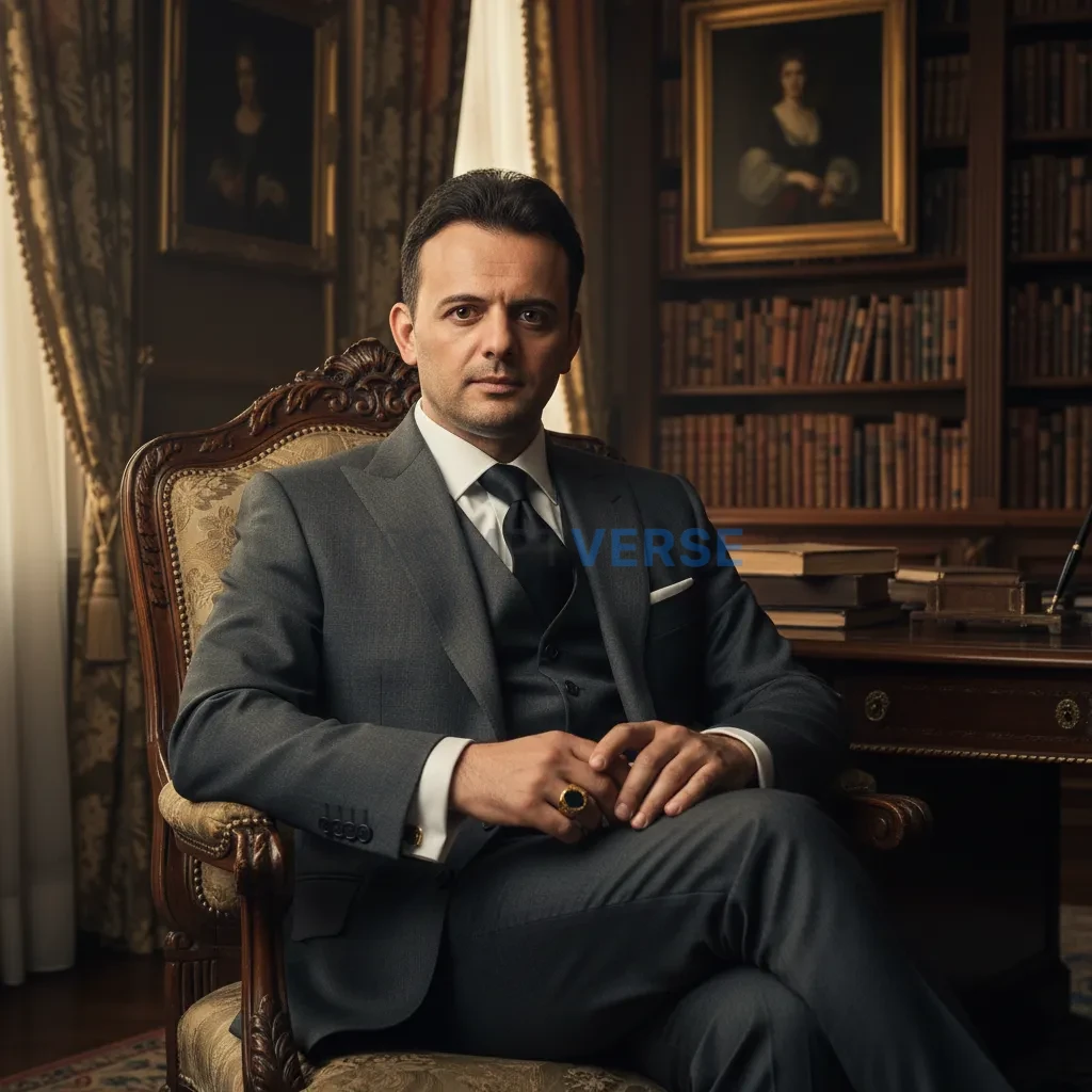 Ultra-detailed portrait, mafia boss in custom tailored suit, seated in