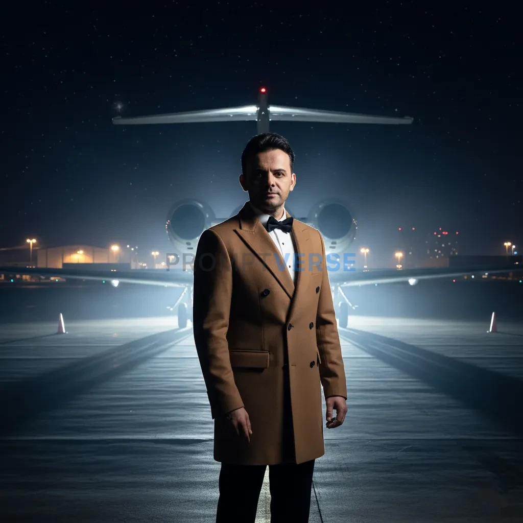 Cinematic portrait, man in a tailored camel coat over tuxedo, standing