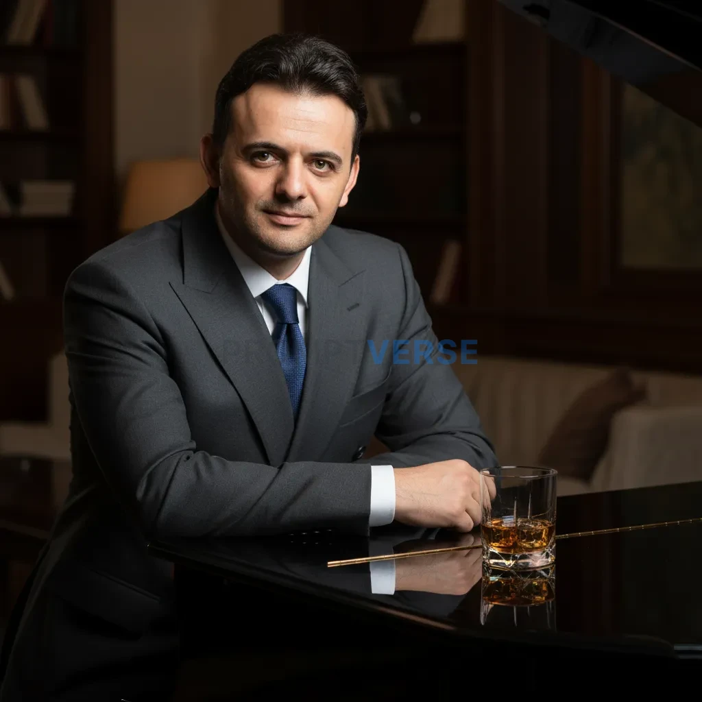 Close-up portrait, man in double-breasted suit leaning on polished gra