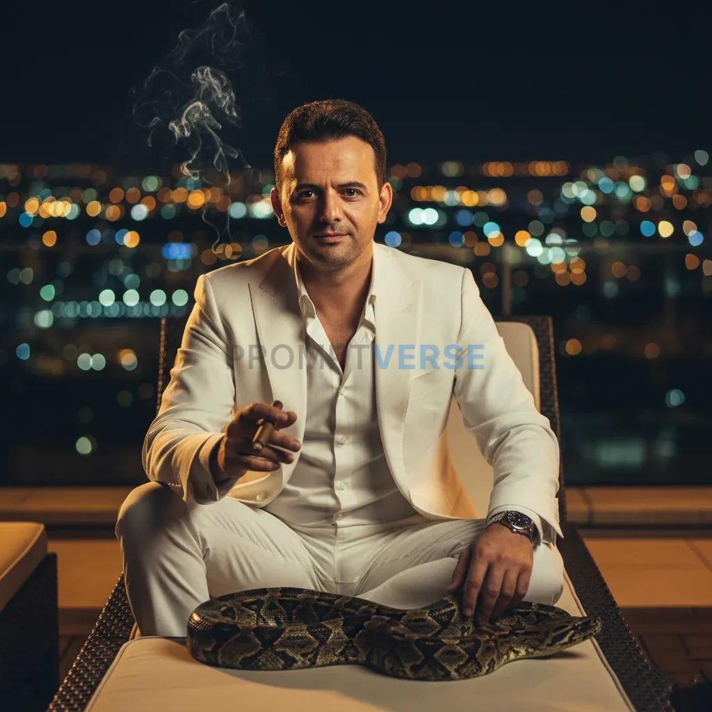 High-quality cinematic portrait, mafia boss in a white linen suit on a