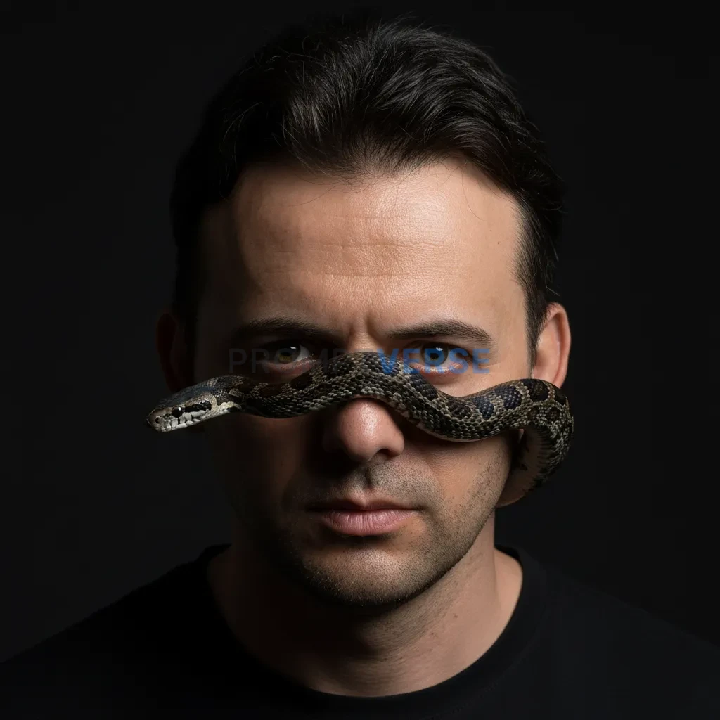 Ultra-detailed headshot, mafia boss with sharp jawline, snake slitheri