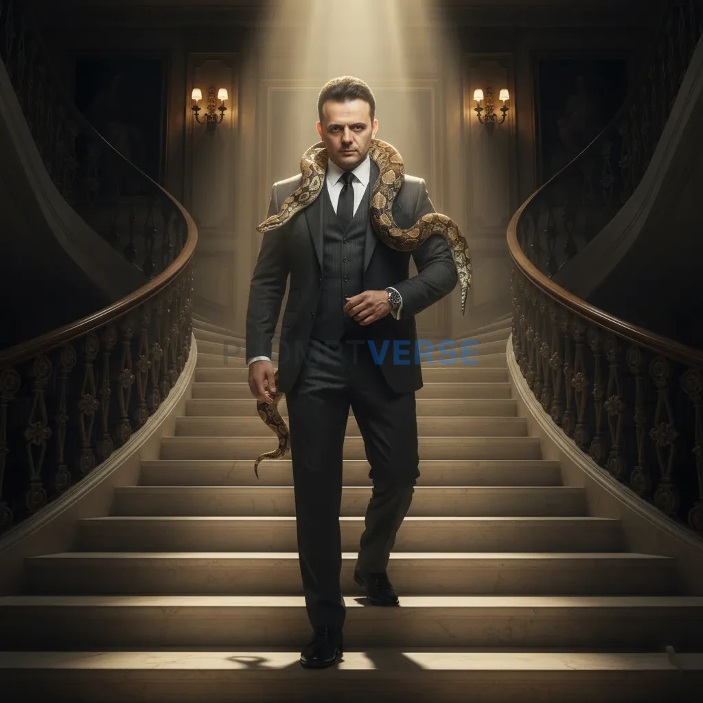 Cinematic portrait of a mafia boss walking down marble stairs of a vil
