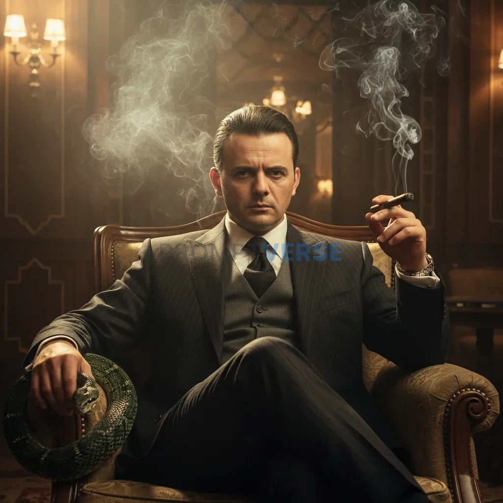 Editorial cinematic portrait, mafia boss seated in an art deco lounge,