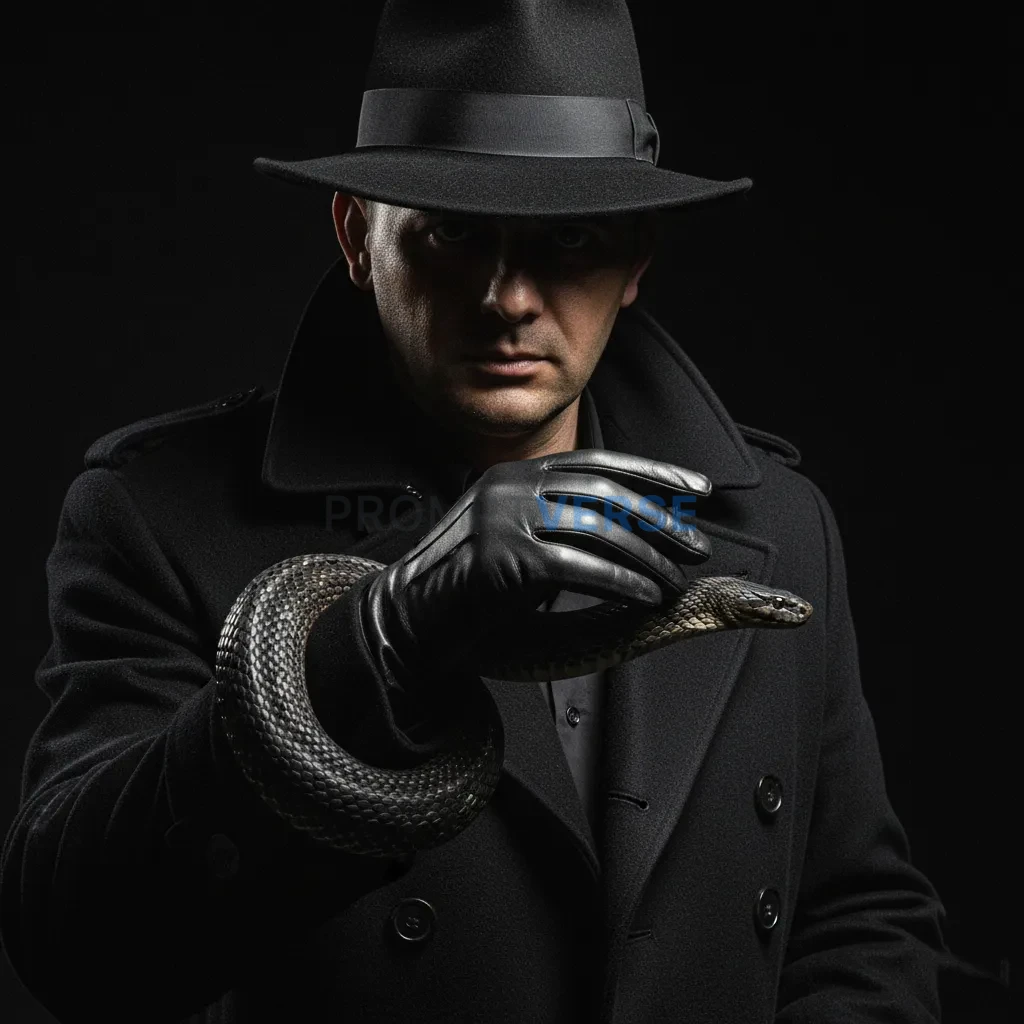 Close-up portrait, mafia boss in a cashmere coat, gently stroking a sn