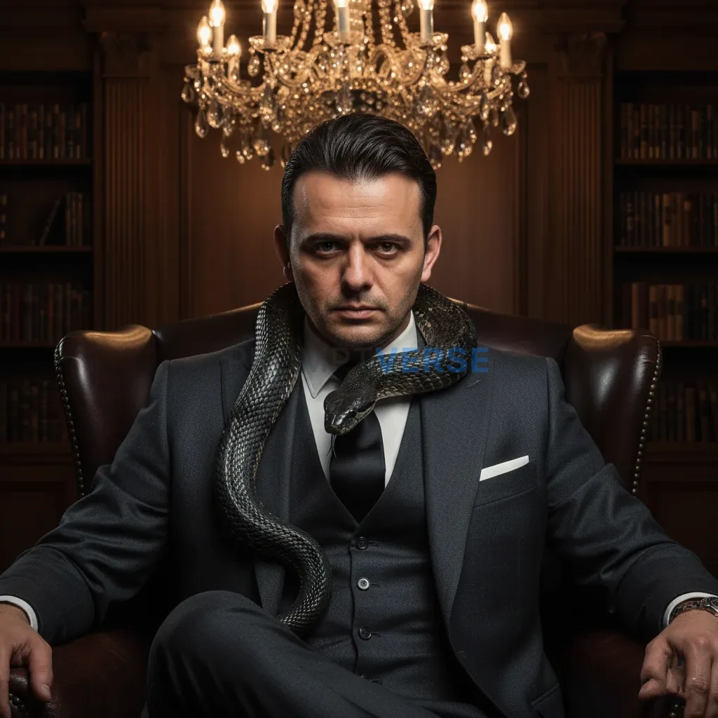Editorial portrait of a mafia boss in a dark three-piece suit, snake r