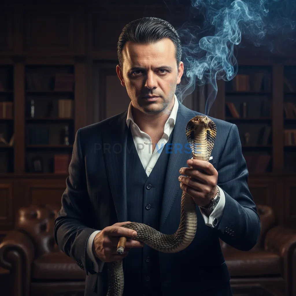 Ultra-detailed editorial portrait, mafia boss with slicked-back hair h