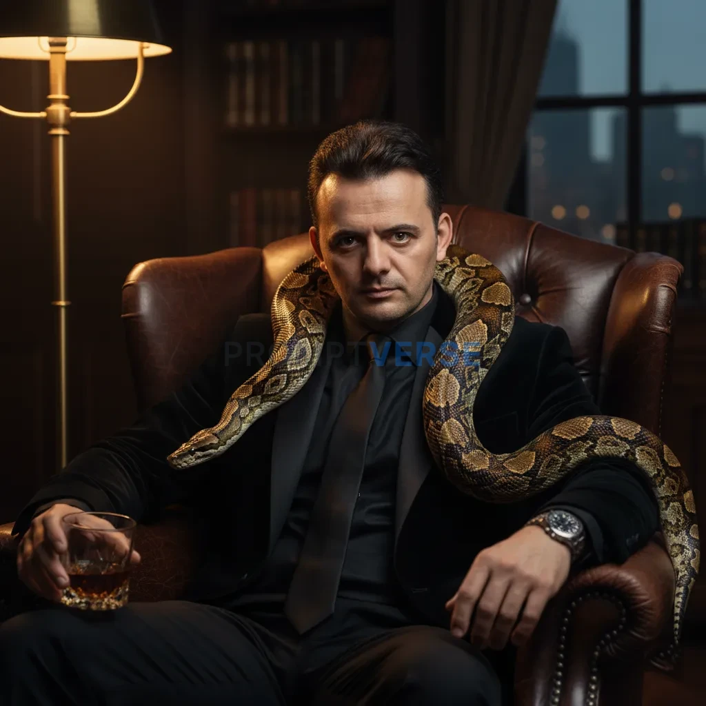 Cinematic portrait of a mafia boss in a tailored black velvet suit, se