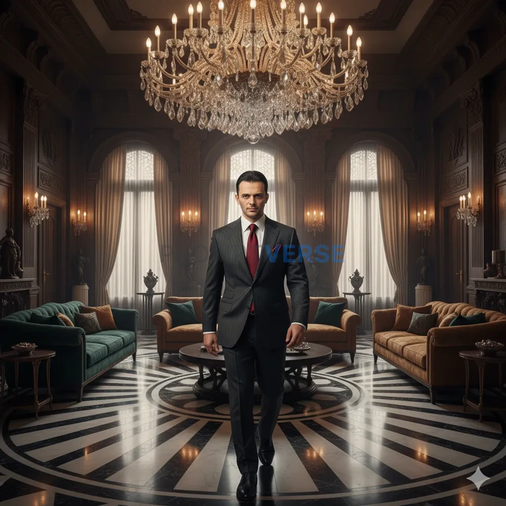 Cinematic wide shot, mafia boss with slicked-back hair entering a gran