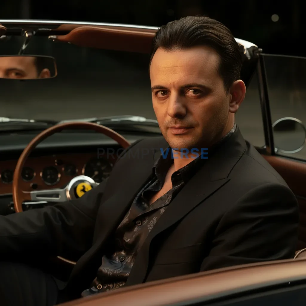 Close-up portrait, mafia boss in a silk shirt and open suit jacket, se