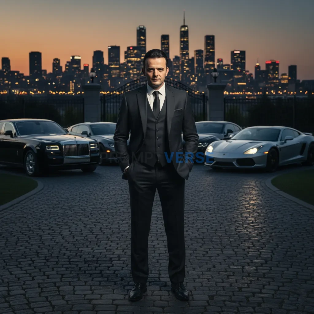 Cinematic editorial portrait, mafia boss standing confidently in the d