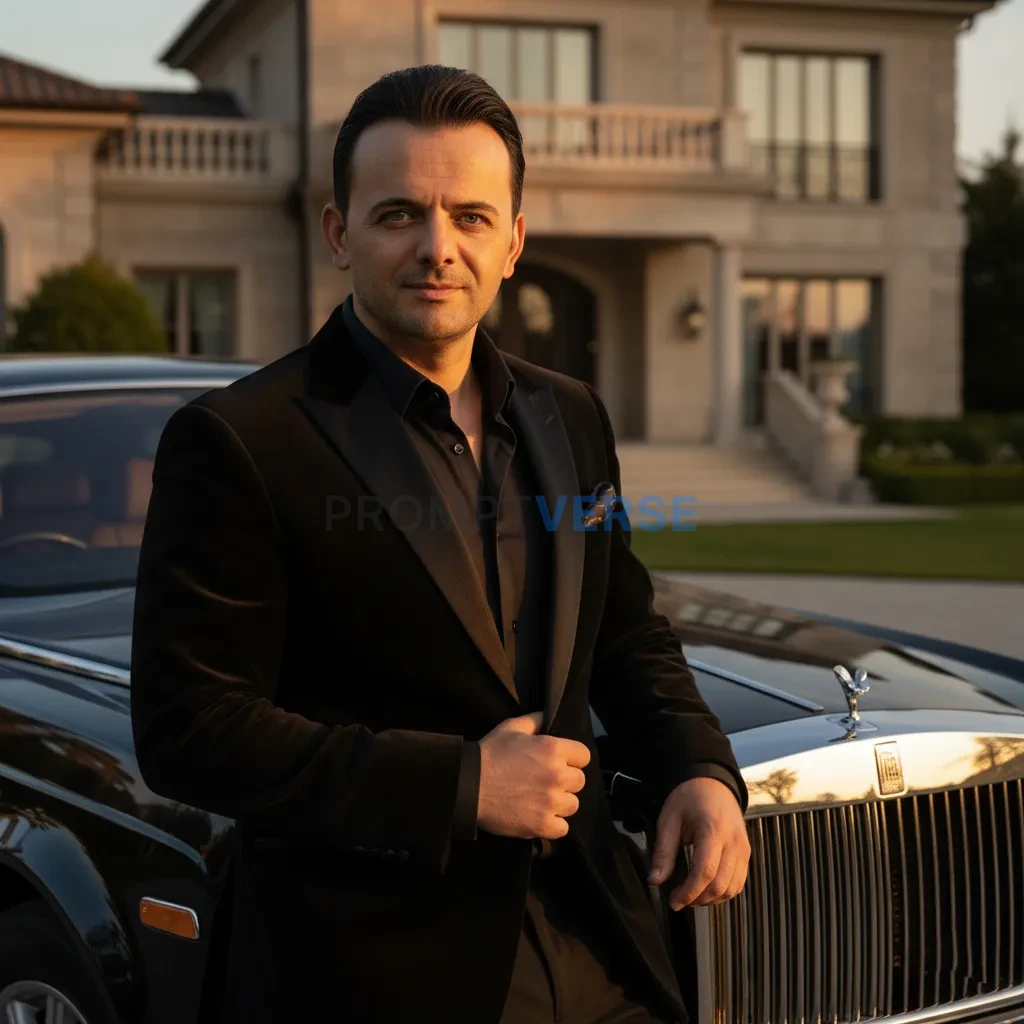 Cinematic portrait of a mafia boss in a tailored black velvet suit, le