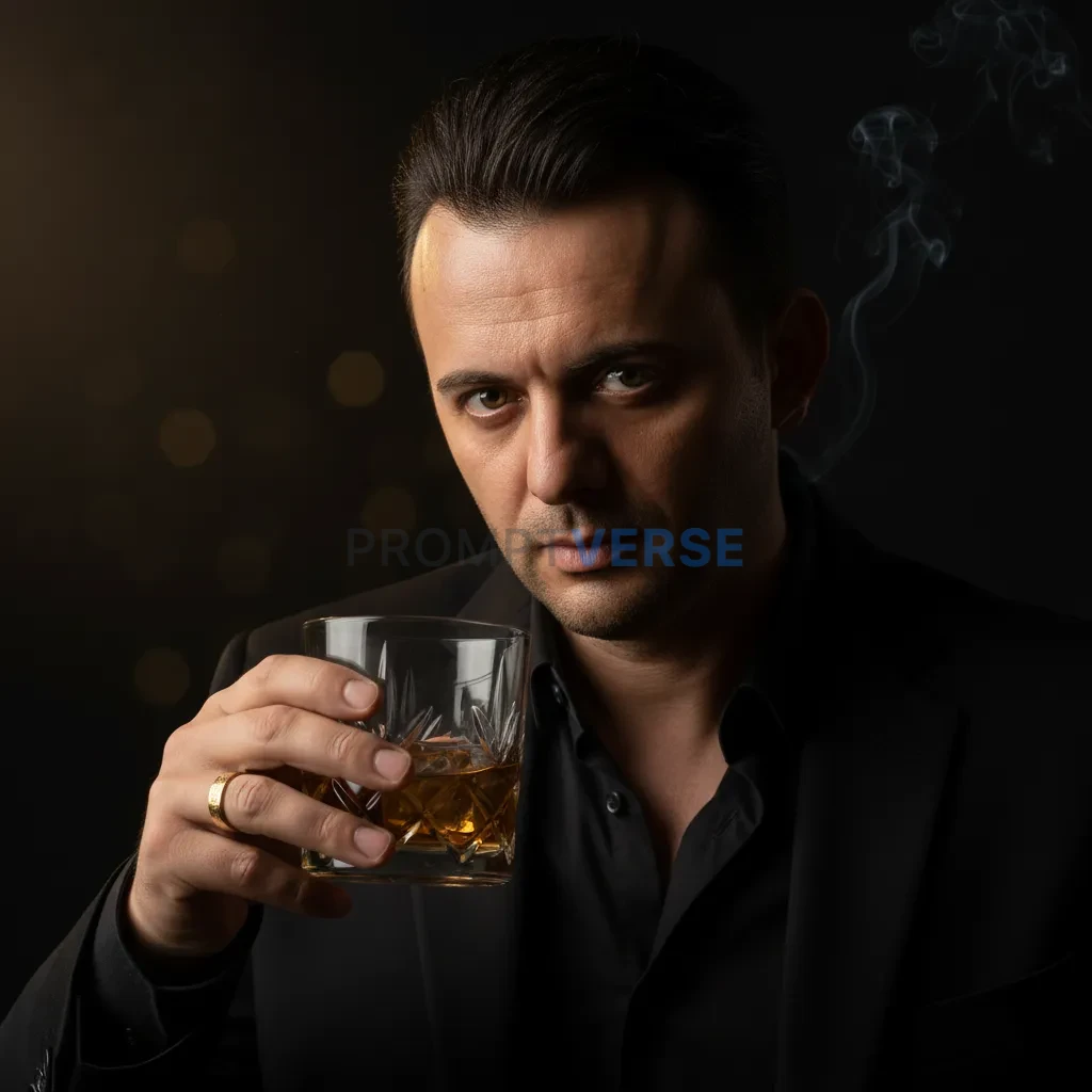 Ultra-detailed headshot, mafia boss with slicked-back hair and sharp j