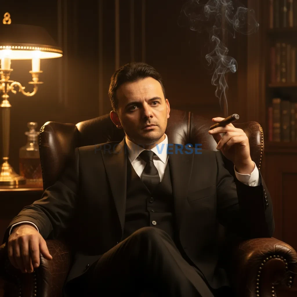 Cinematic portrait of a mafia boss in a tailored black three-piece sui