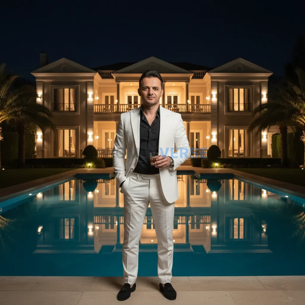 Ultra-detailed portrait, mafia boss in a white linen suit standing poo