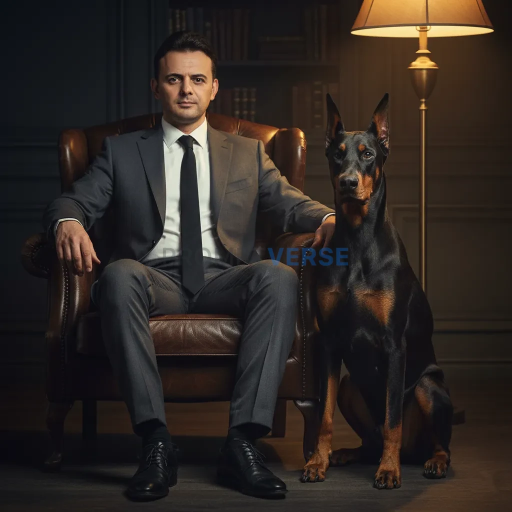 Cinematic portrait of a man in a tailored suit with Doberman seated by