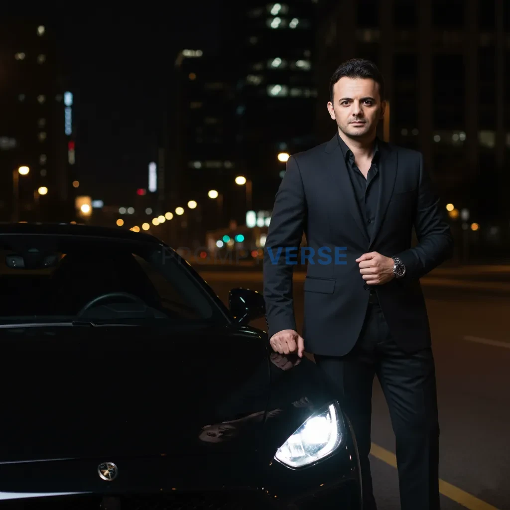 Confident man standing near luxury car headlights at night, cinematic 