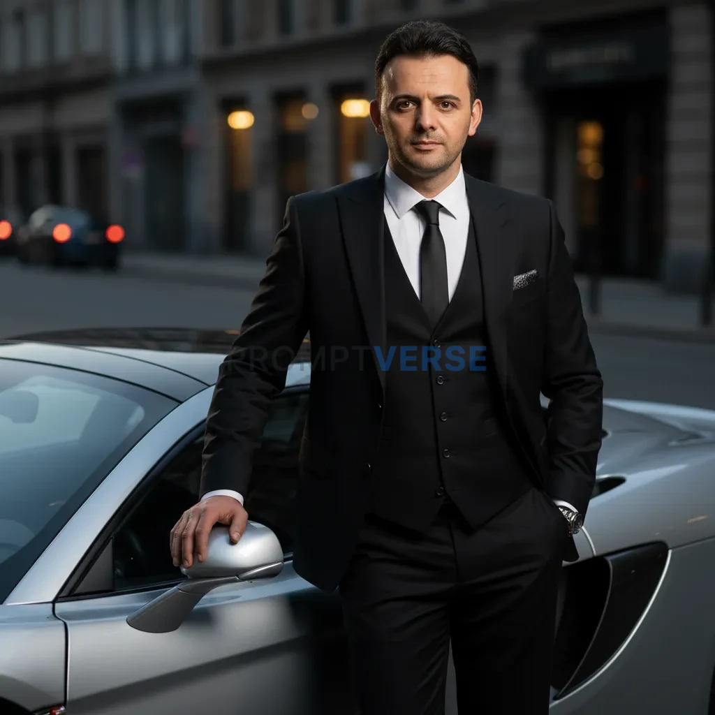 A confident man in a tailored black suit standing beside a luxury car,