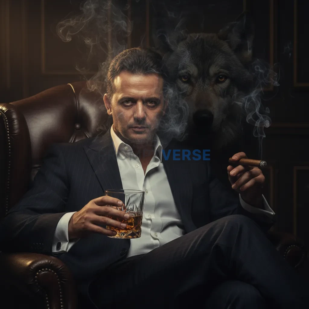 Cinematic close-up, mafia boss with whiskey glass in hand, wolf presse
