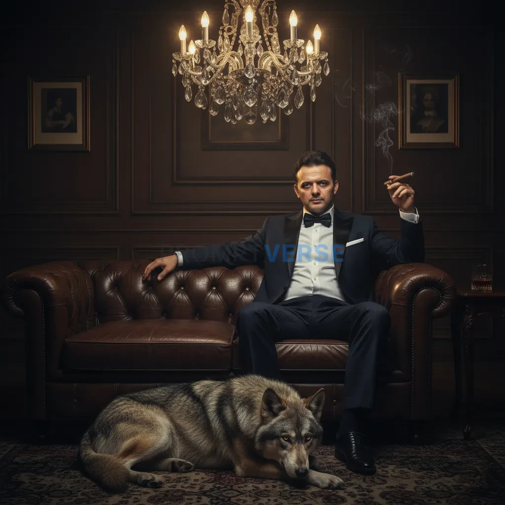 Ultra-detailed portrait, mafia boss in tuxedo with slicked hair holdin