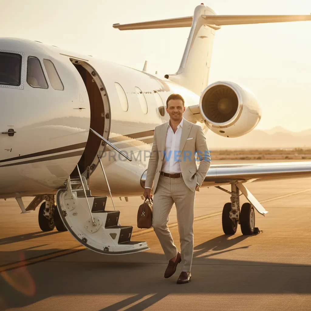 Cinematic portrait of a man stepping out of a private jet in a tailore