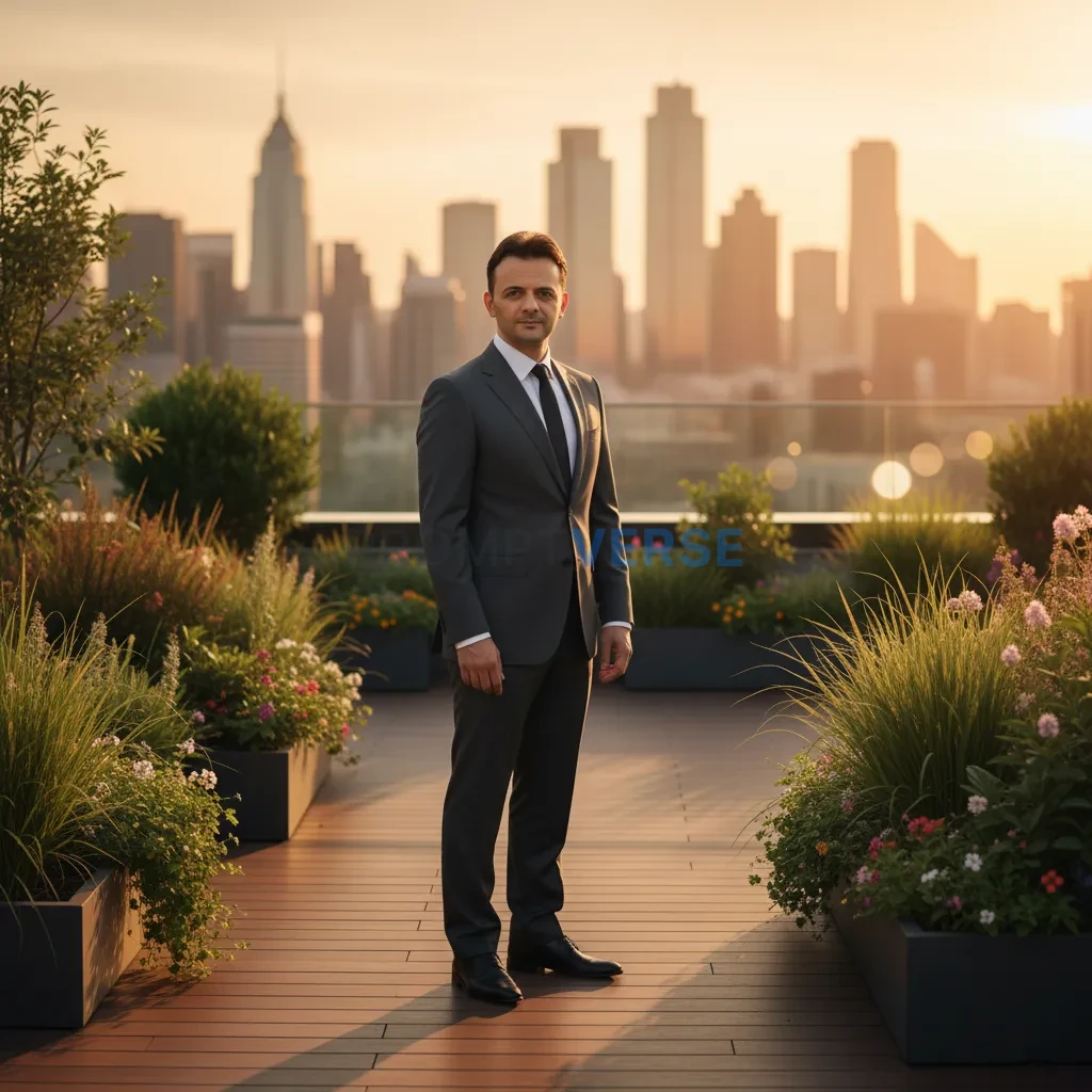 Golden hour cinematic portrait, man in tailored suit standing on a roo