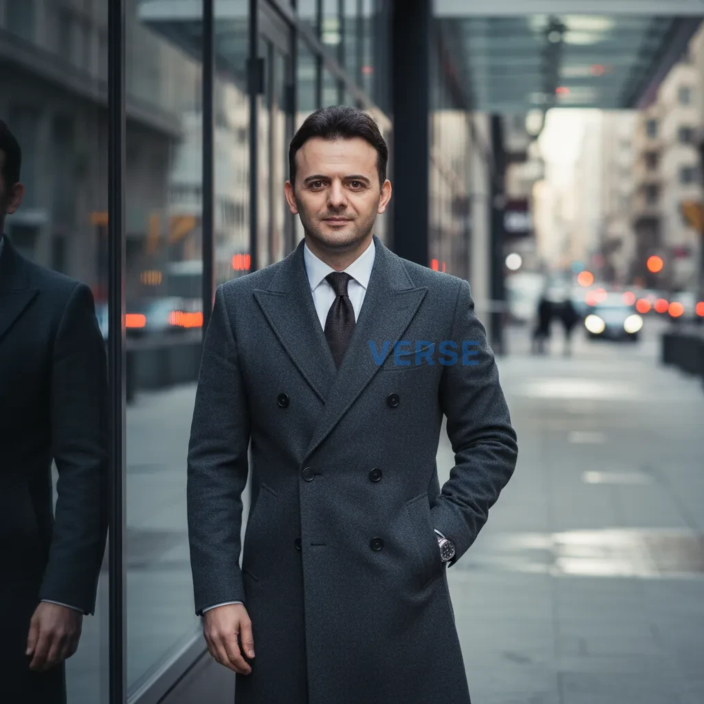 Confident man in double-breasted coat standing beside a modern buildin