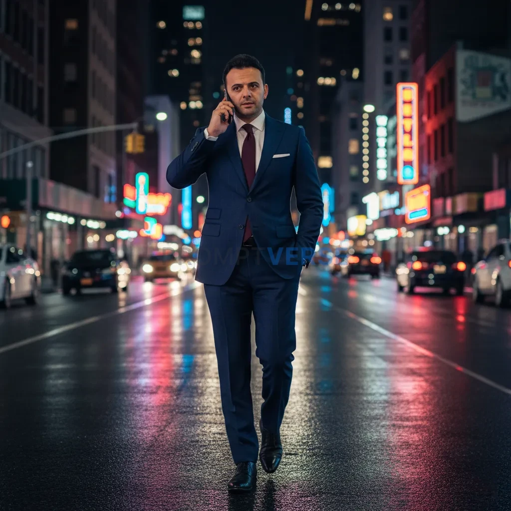 Stylish businessman talking on phone while walking, street reflections